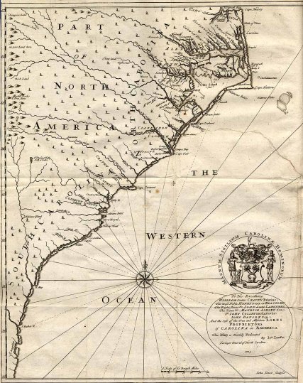 A map of the North and South Carolina coasts from the 1709 publication "A New Voyage to Carolina" by John Lawson.  Lawson was a British settler in NC who compiled the publication to help facilitate trade between Britain and the Carolinas.  From http://www.learnnc.org/lp/editions/nchist-colonial/1976.