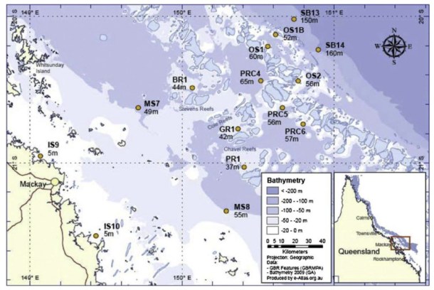 Map depicting the location of the sediment traps used in Burns' study. Abbot Point is located off the map, to the north of Mackay. Image from Burns 2014.