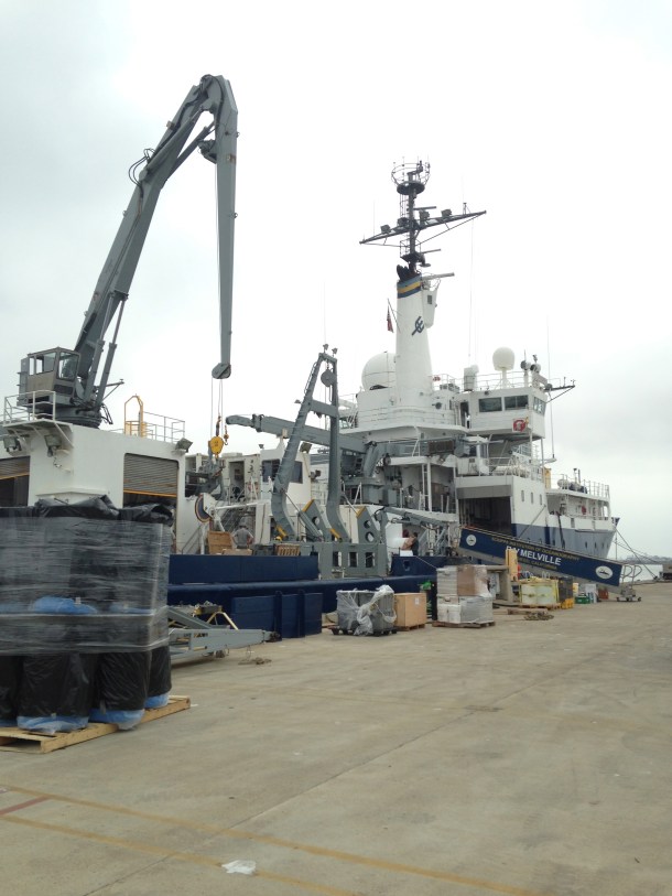 The R/V Melville in port prior to the start of our cruise.