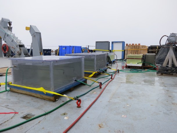 We used the boxes you see above to hold our incubation experiments. Seawater pumped through the boxes kept our experiments cool and the phytoplankton happy.