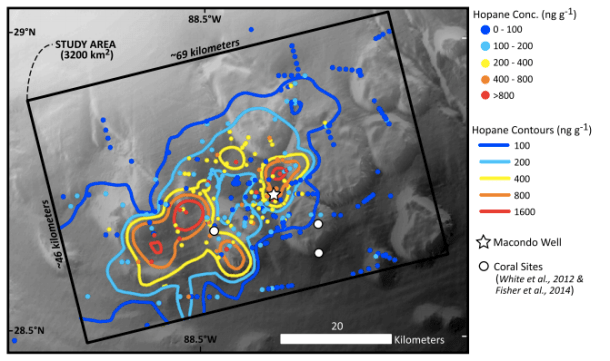 From Valentine et al. 2014: "hot" colors show areas with higher oil concentrations, while "cool" colors are areas with less oil. The star shows the location of the Macondo well.