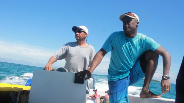 Karl and Dale (one of our captains) working some coral finding magic. (Credit: Joe Townsend)