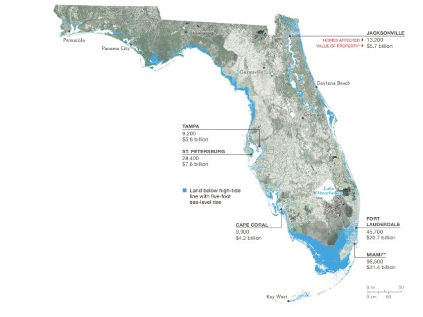 The turquoise areas in this map would be below the high tide line with a 5 ft sea level rise. The map is annotated with the number of homes affected and property value lost in major cities. Image from http://ngm.nationalgeographic.com/2015/02/climate-change-economics/florida-coast-map.
