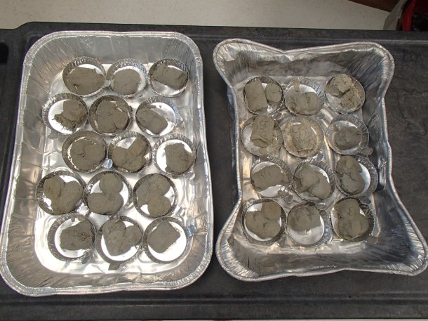 My lunch. Kidding, kidding- these are sediment samples after I've dried them in an oven. This is only a temporary reprieve for these poor guys. After I weigh them, they'll be put into a combustion oven to cook at a balmy 525 degrees C! All this will ultimately allow me to calculate sediment parameters like porosity (the % of the sediment that's taken up by space instead of, well, sediment).