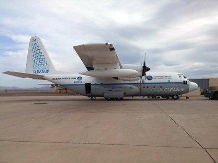 His plane is called Ocean Force One. The parody writes itself, folks. Image from https://www.theoceancleanup.com/milestones/aerial-expedition/