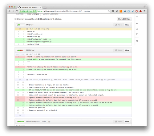 An example of version control using GitHub. The red and green lines are code that was deleted and added, respectively. Image from https://wrongsideofmemphis.wordpress.com/2013/02/19/github-for-reviewing-code/